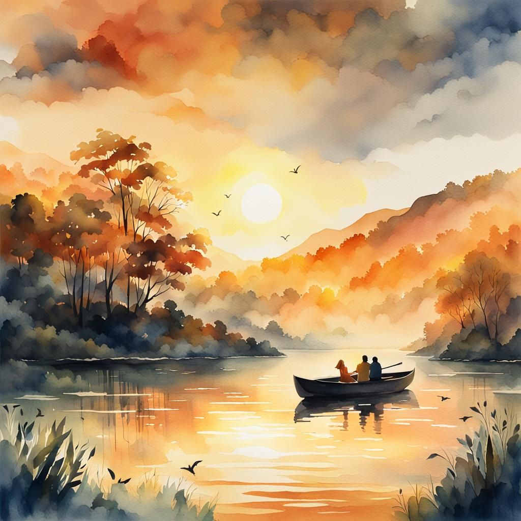 Watercolor Landscape of Couple on River at Sunrise