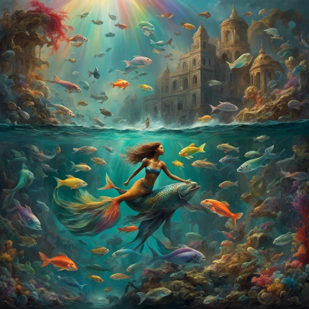 Rainbow Mermaid Swimming with Fish