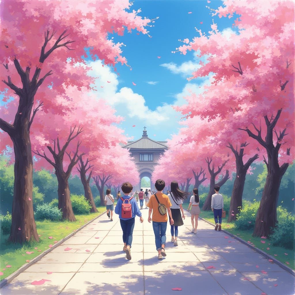 Vibrant University Campus in Springtime Whimsy