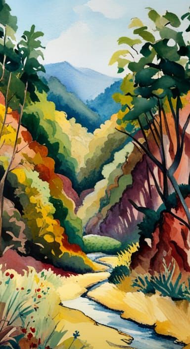 Romantic Ravine Painting with Impressionistic Lighting