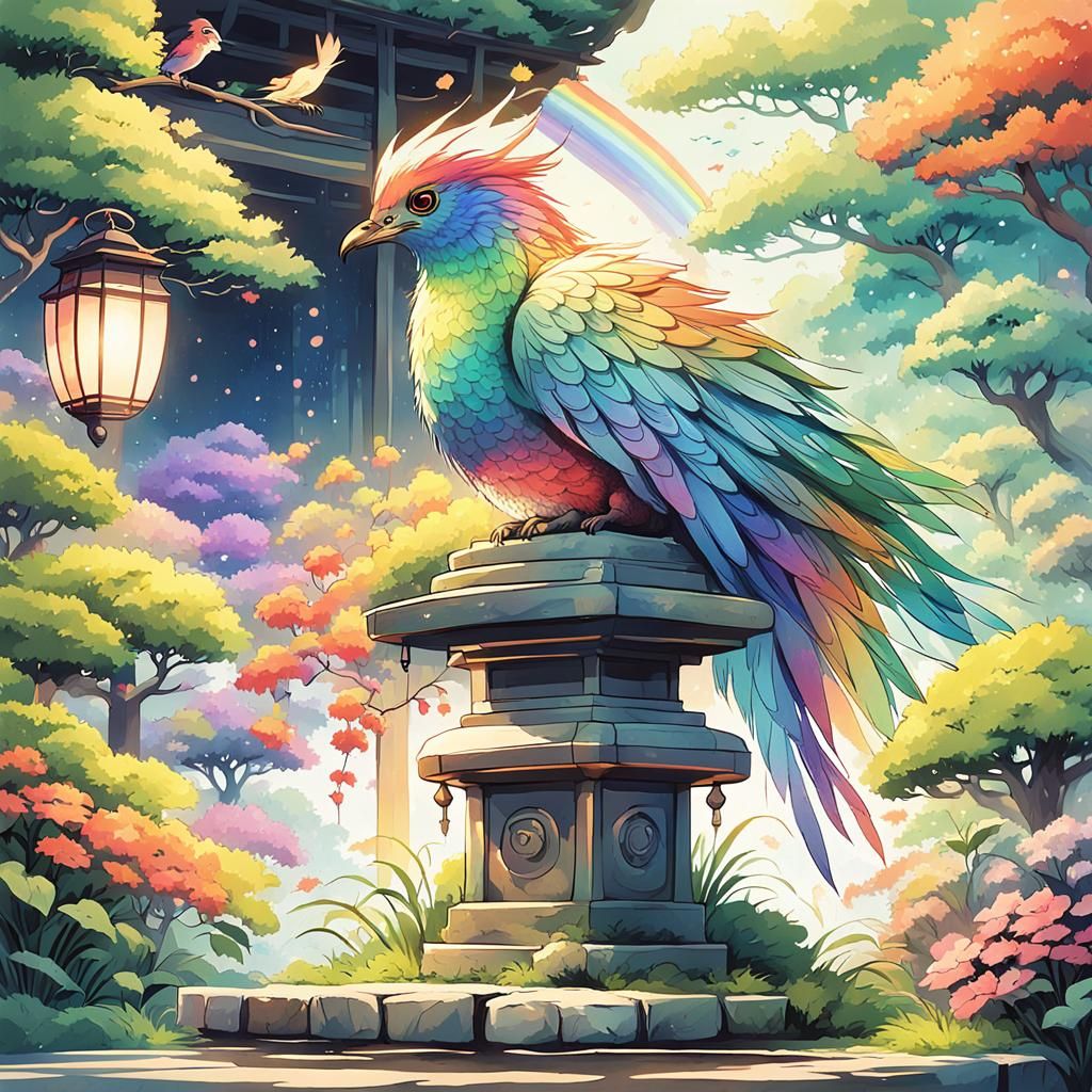 Rainbow Bird in Japanese Garden, Anime Concept Art