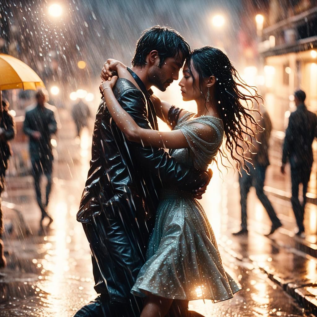 Lovers Dancing in Rain: Hyperrealistic Film Still