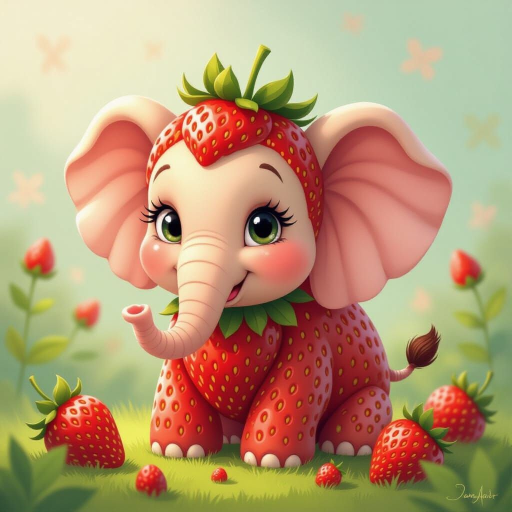 Whimsical Strawberry Elephant in Cartoon Style