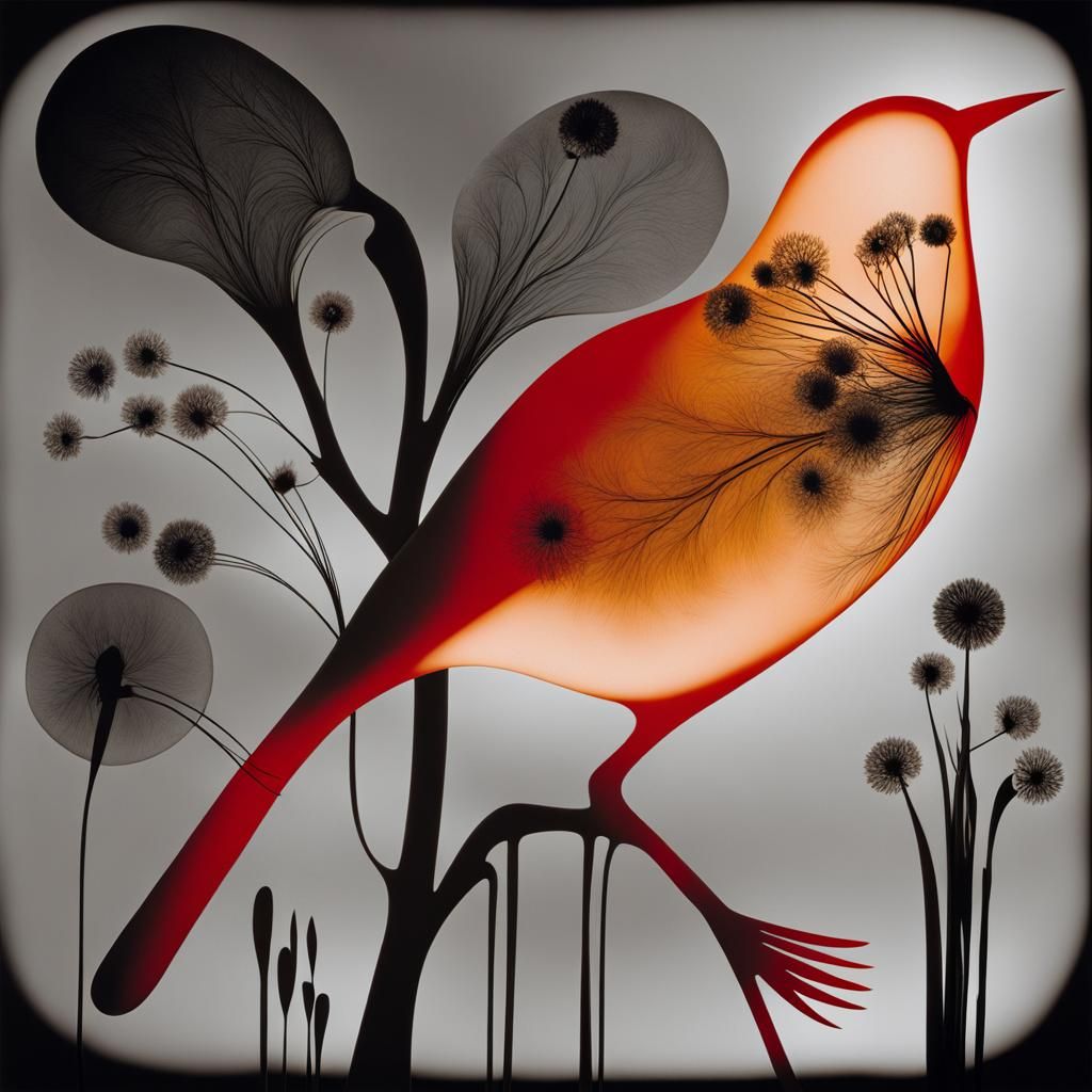 Photogram of Floral Black Bird in Dandelion Dreamscape