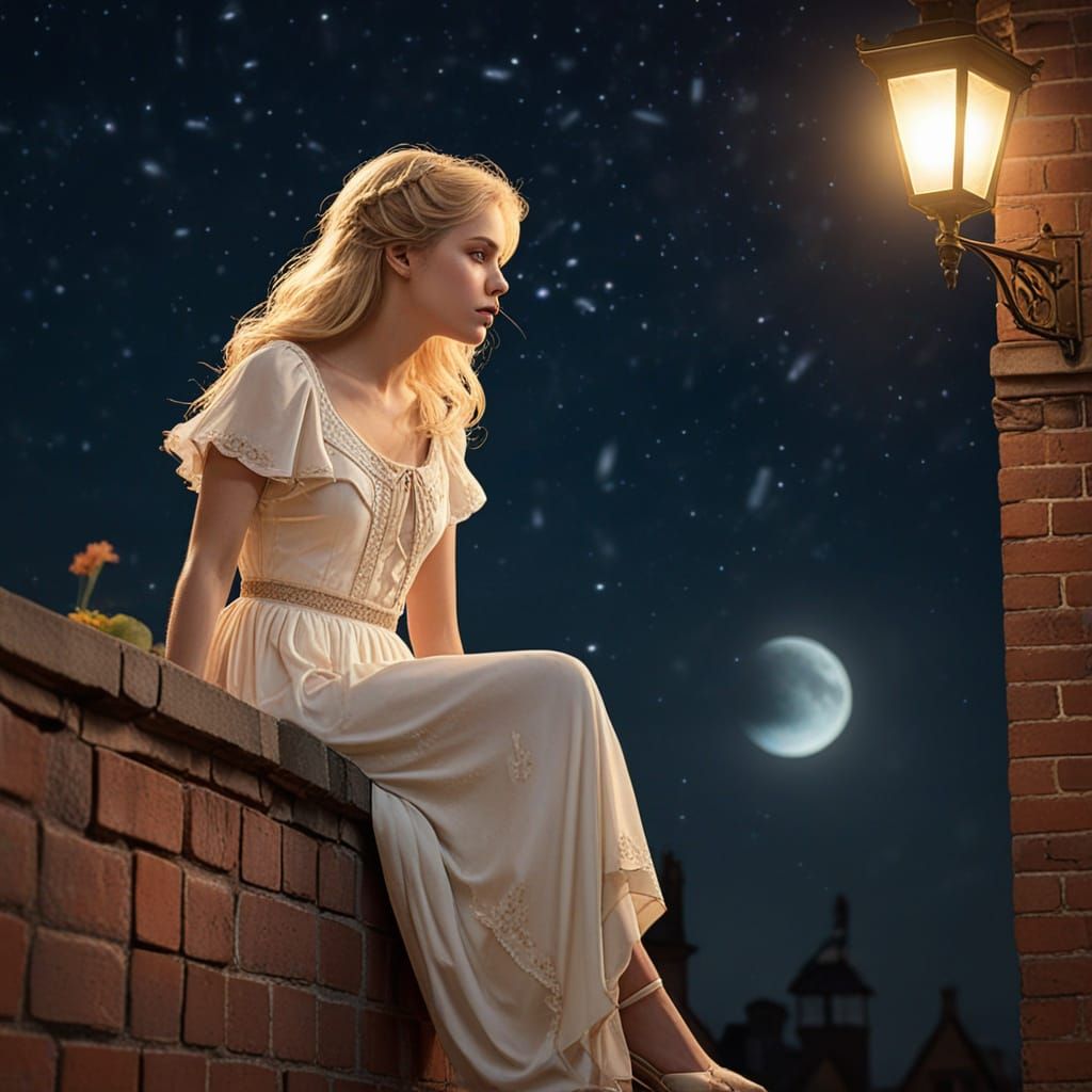 Young Girl on Brick Wall in Lamplight - Art Nouveau Style