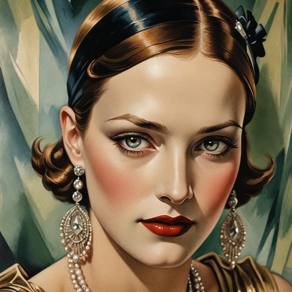 Art Deco Portrait of 1920s Flapper in Lempicka Style