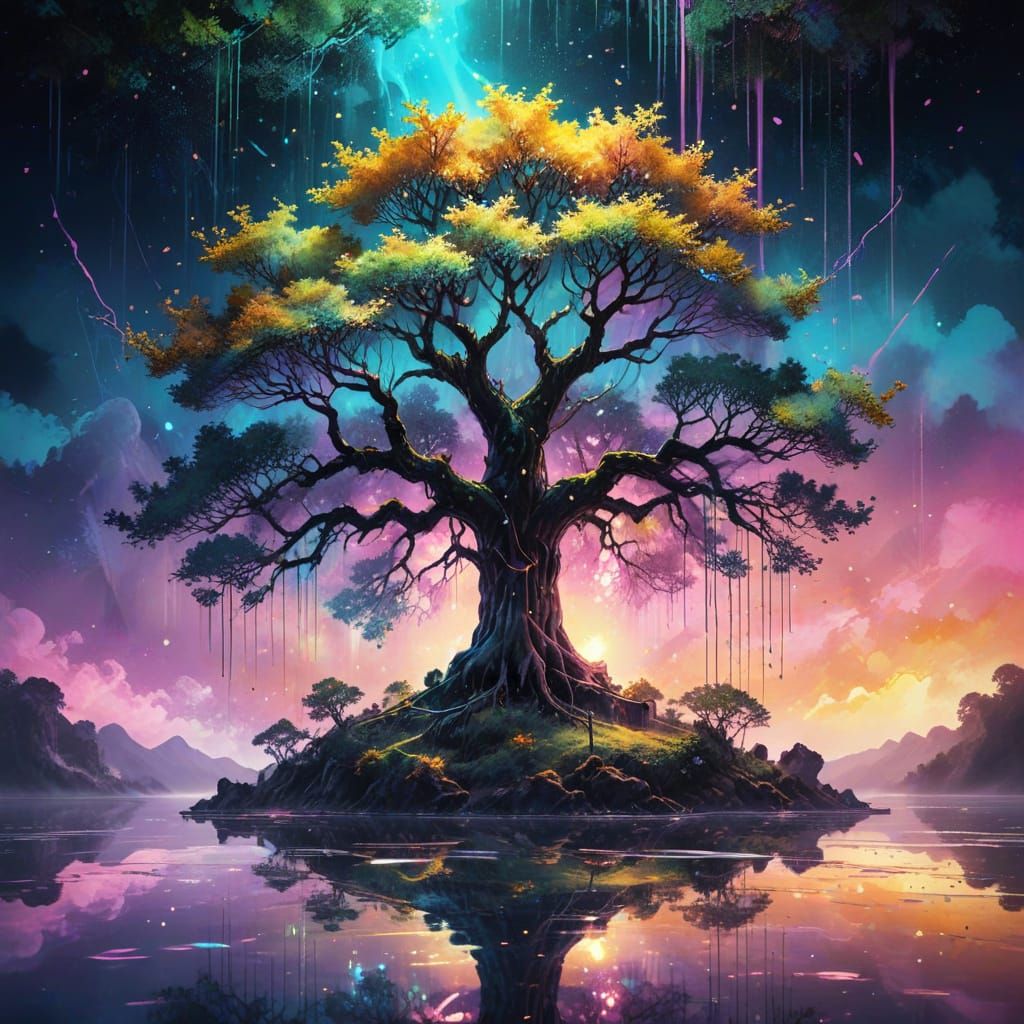 Ethereal Dreamcore Tree with Golden Gates to Heaven in Vibra...