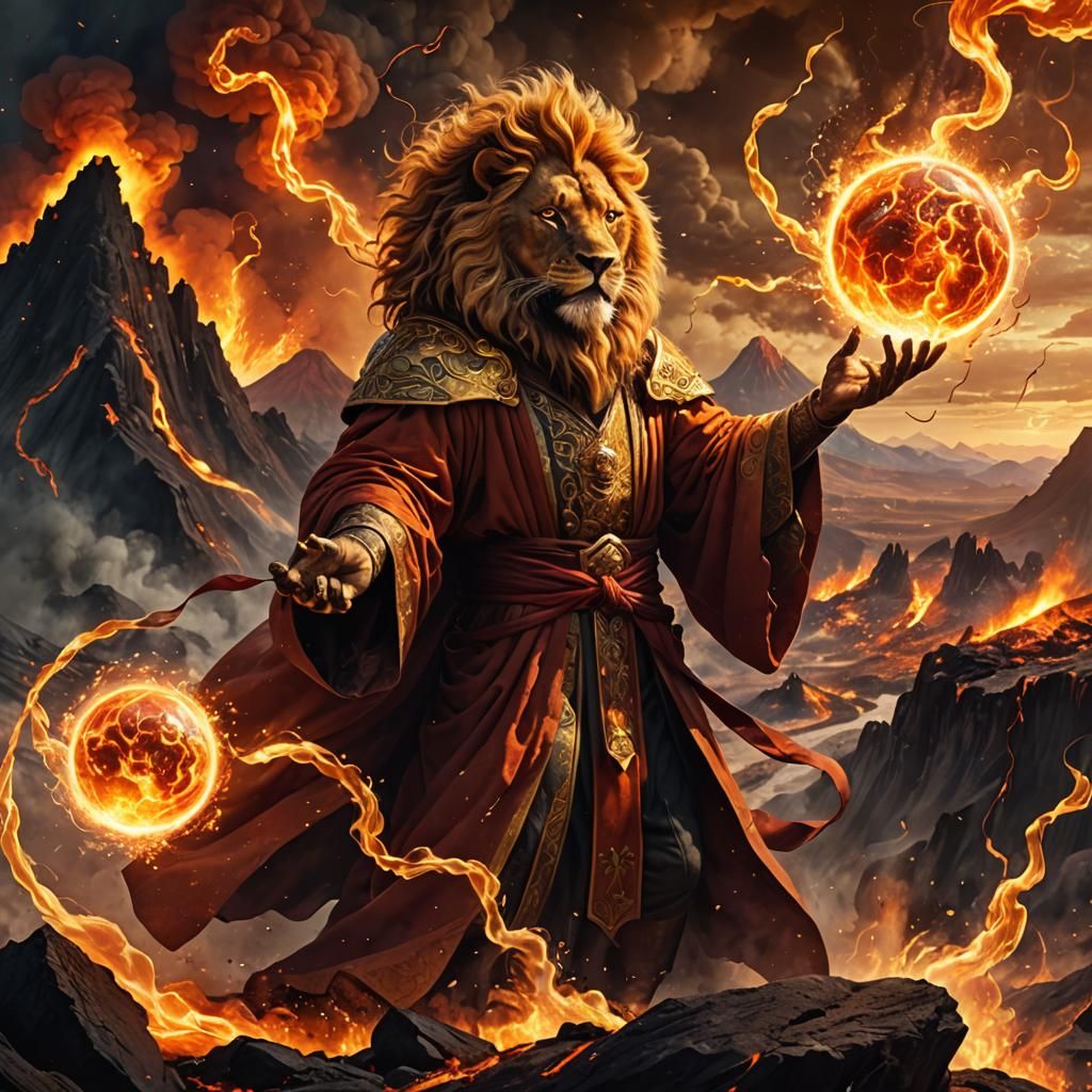 Lion-Headed Magician Casts Fireball in Fantasy Art