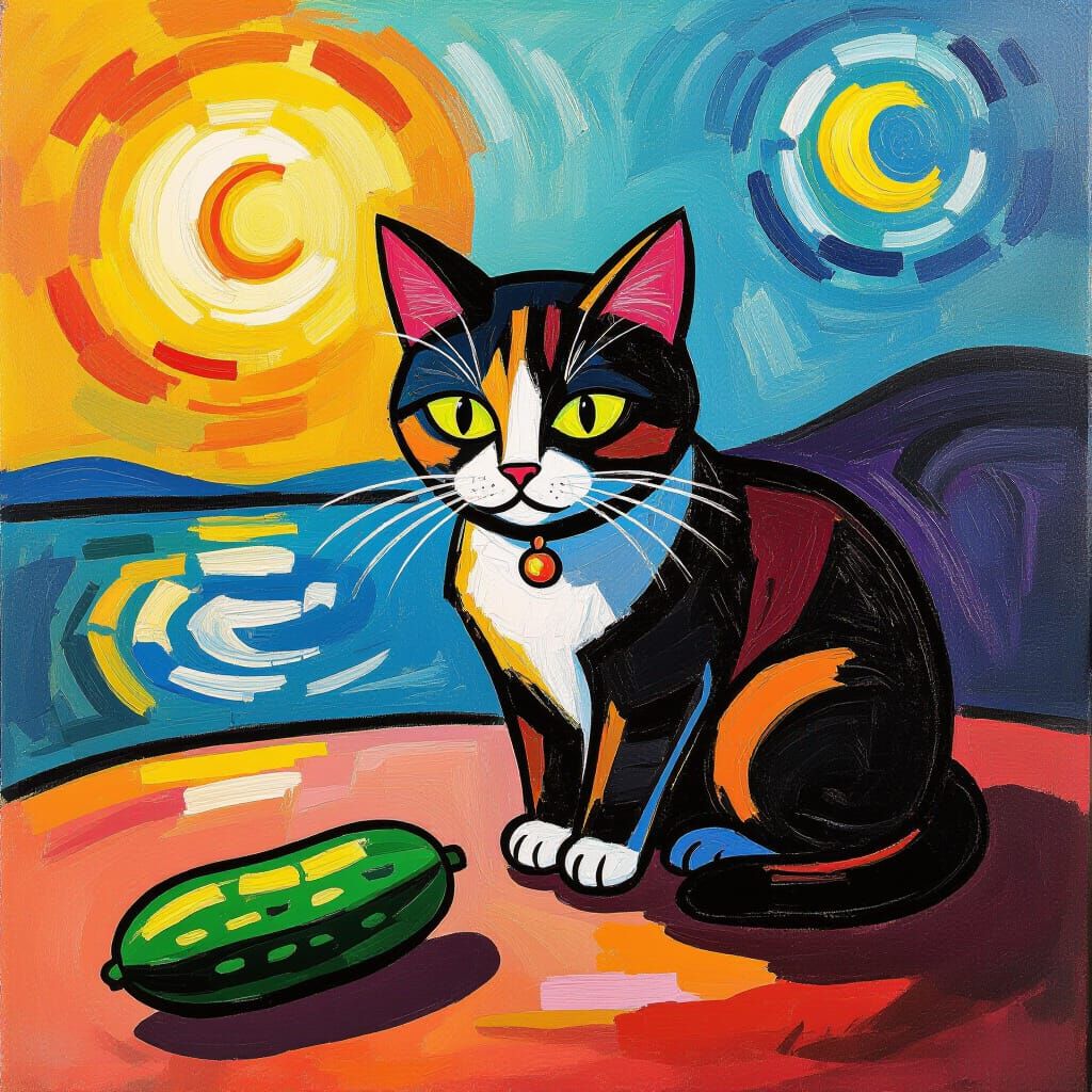 Tabby Cat Cowers from Cucumber in Neo-Impressionist Style