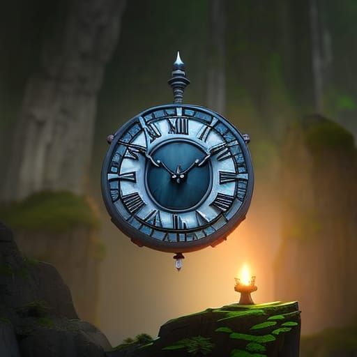 Stone Clock in Fantasy Forest, Digital Art