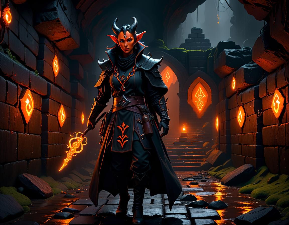Tiefling warlock in a dungeon beneath Waterdeep