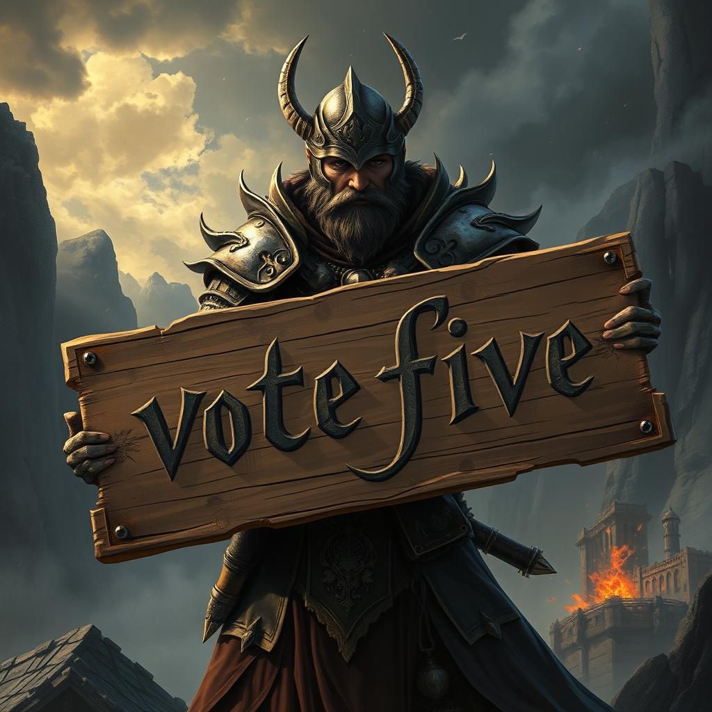 Mystical Battlemage Holding Vote Sign in Fantasy Landscape