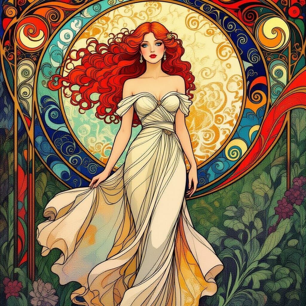 Fiery Redhead in Abstract Landscape, Art Nouveau Style