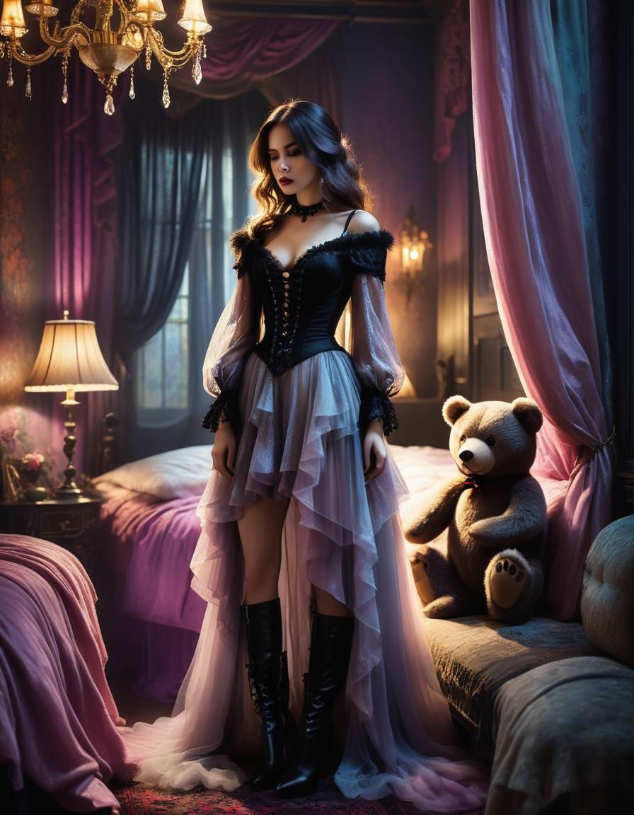 Gothic Woman with Bear in Romantic Bedroom