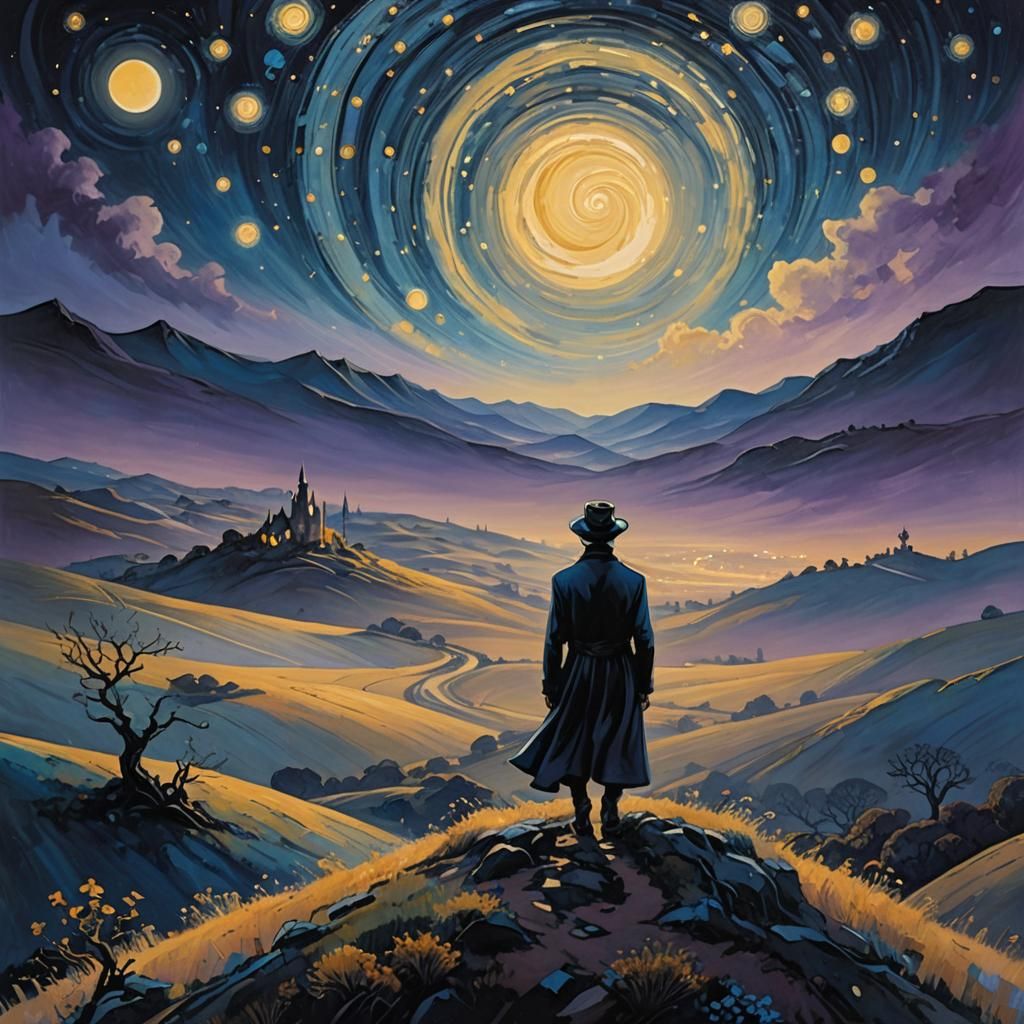 Melancholic Figure Under Starry Night Sky in Zaffre Hues