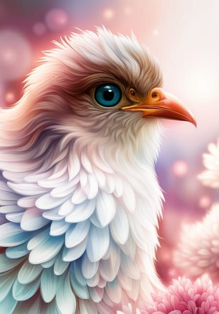 Cute Blue Bird with Fractal Flowers in Pixel Art