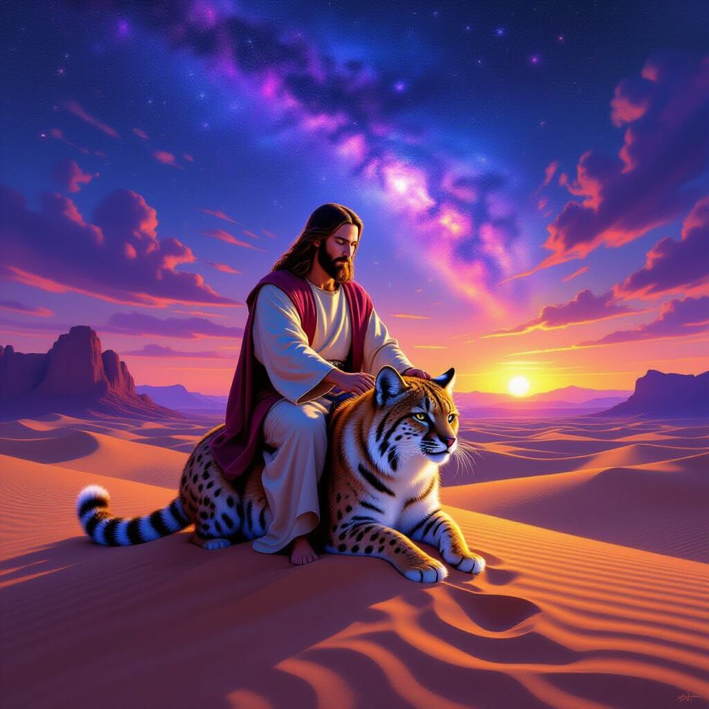 Jesus Riding a Bobcat in a Surreal Desert