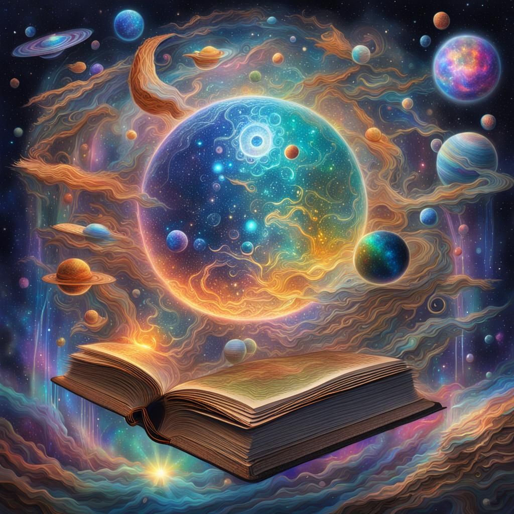 Cosmic Book: Holographic Astral Illustration in Mixed Media