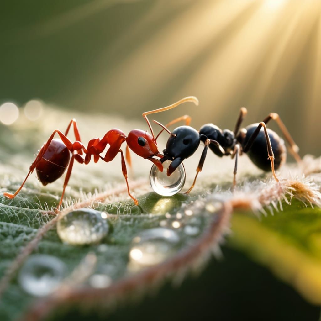 Macro Photo: Ants Share Water Droplet in Sunbeams