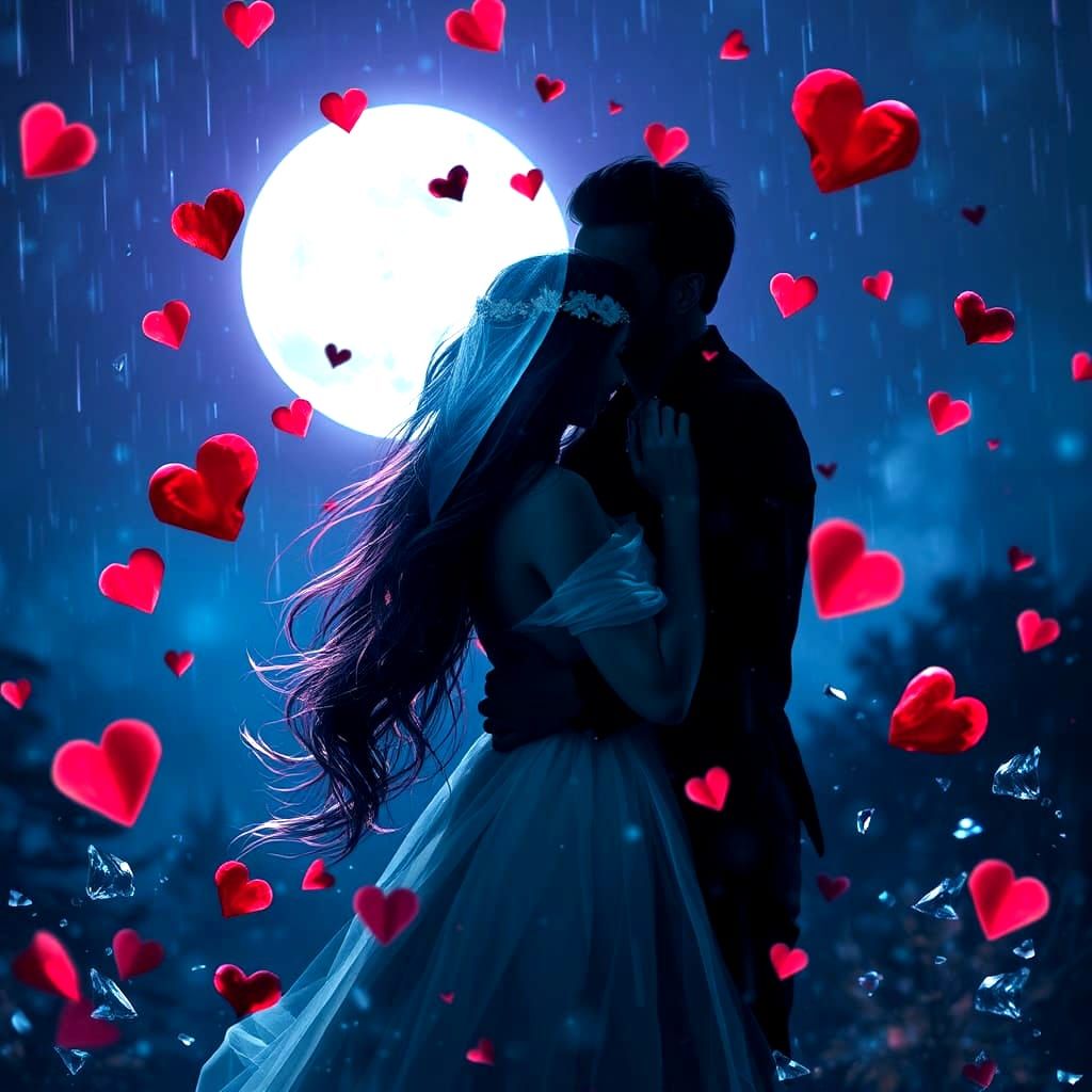 Romantic Double Exposure with Hearts and Rain