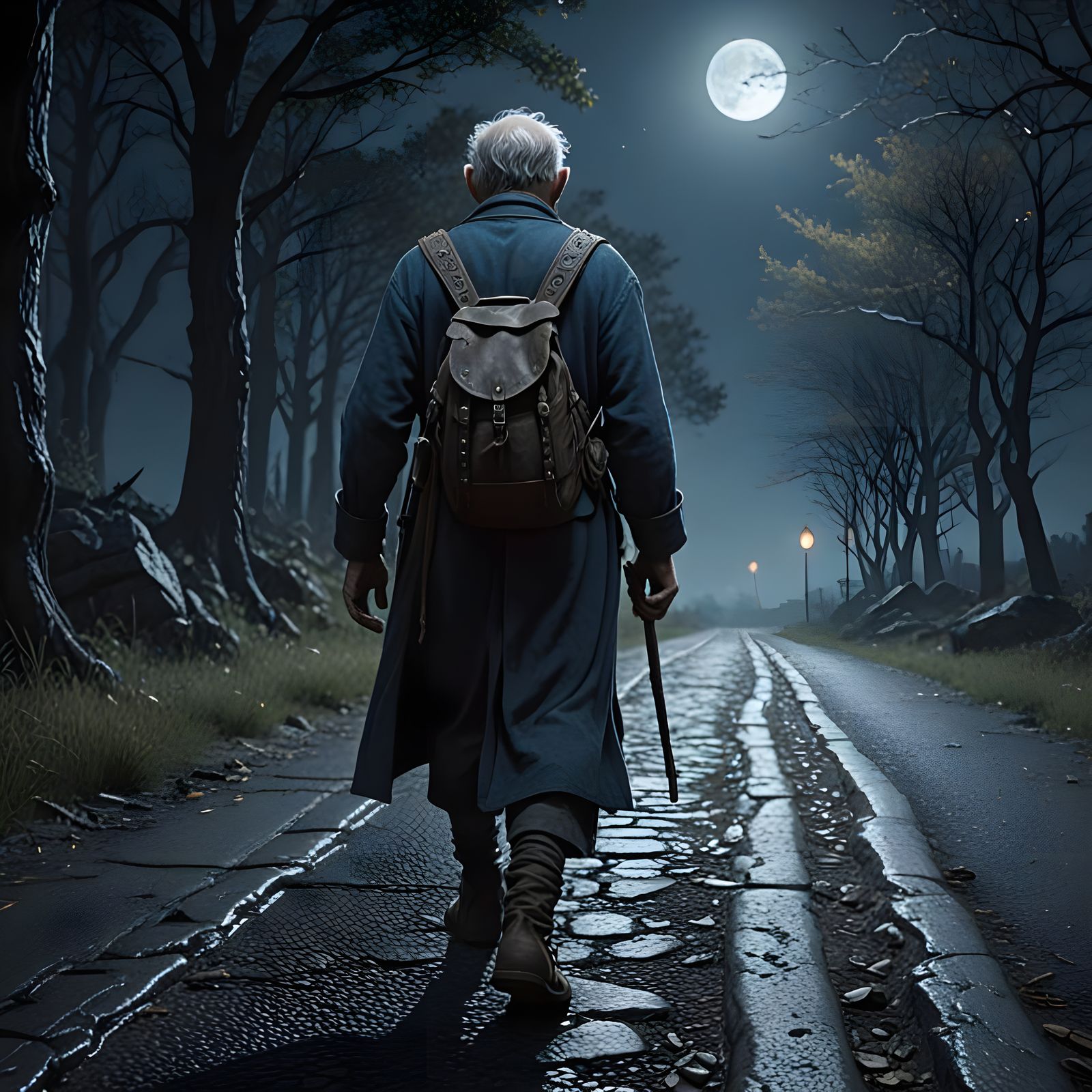 Elderly Wanderer Bears Heavy Burden Under Midnight Skies