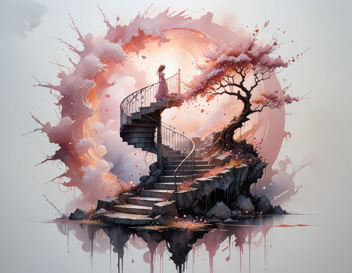 Surreal Spiral Staircase to Luminous Tree in Dreamscape