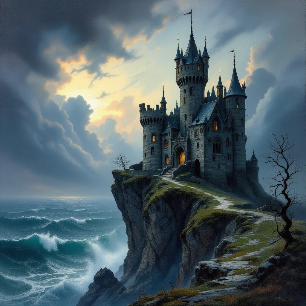 Gothic Castle on Cliff Edge Overlooking Stormy Sea