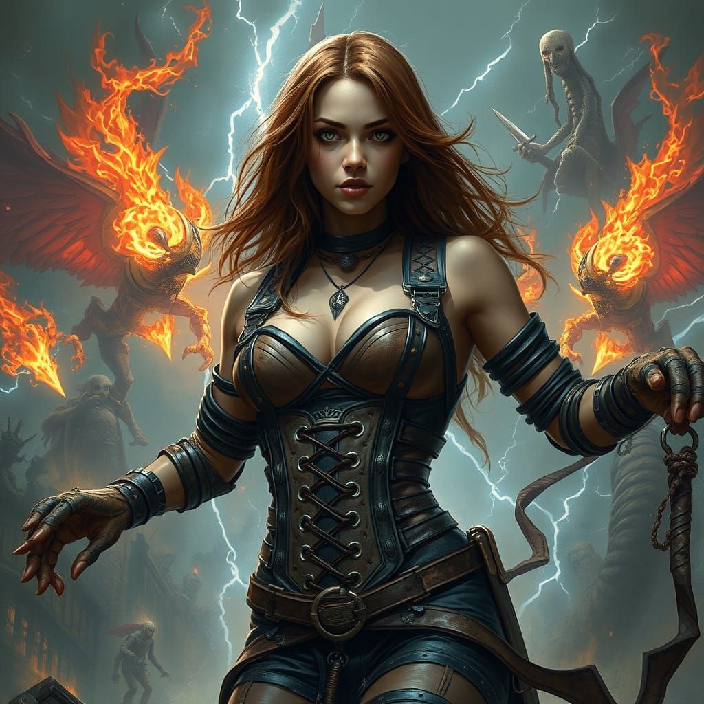 Woman in Corset Amidst Chaotic Cyberpunk Battle