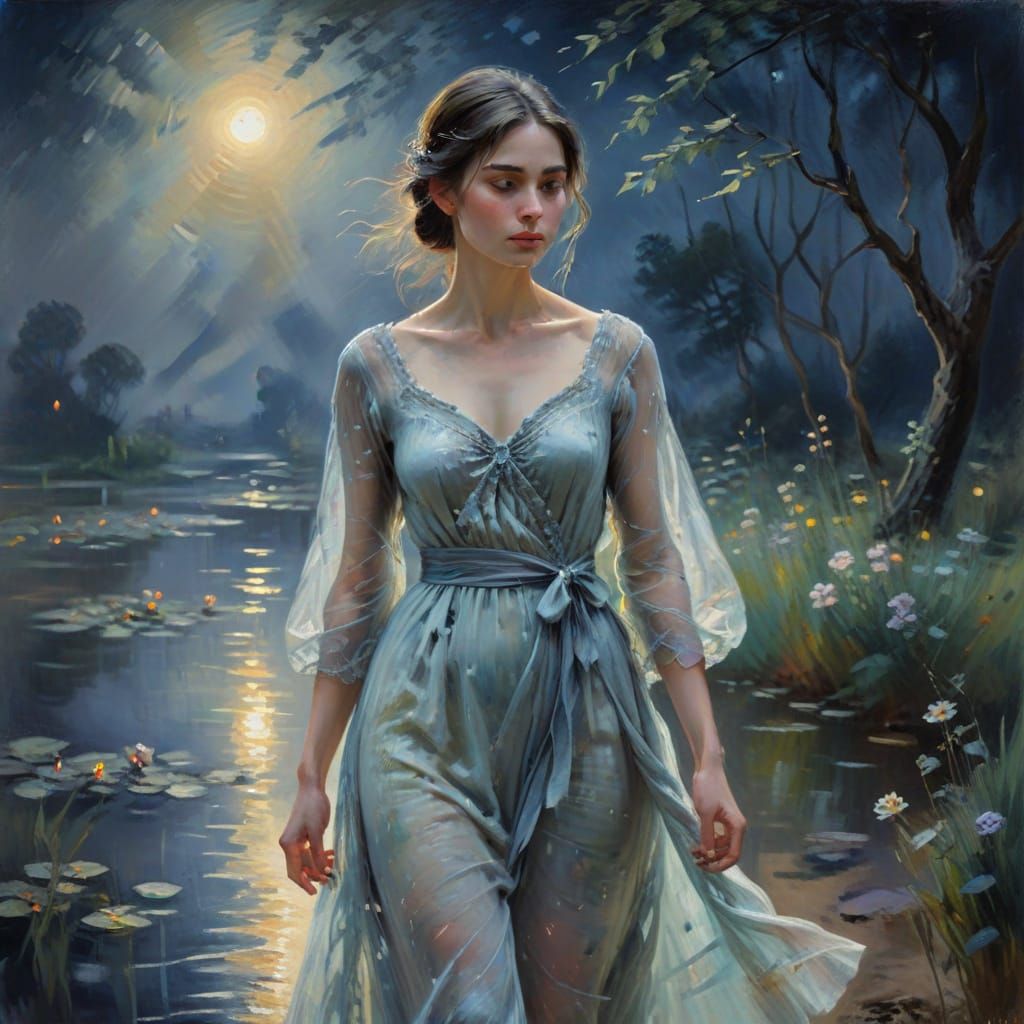 Ethereal Monet Impressionism: Woman in Moonlight