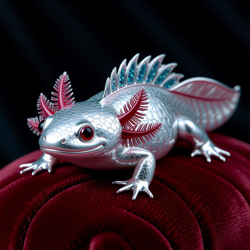 Silver Axolotl with Ruby Eyes, Photorealistic Style