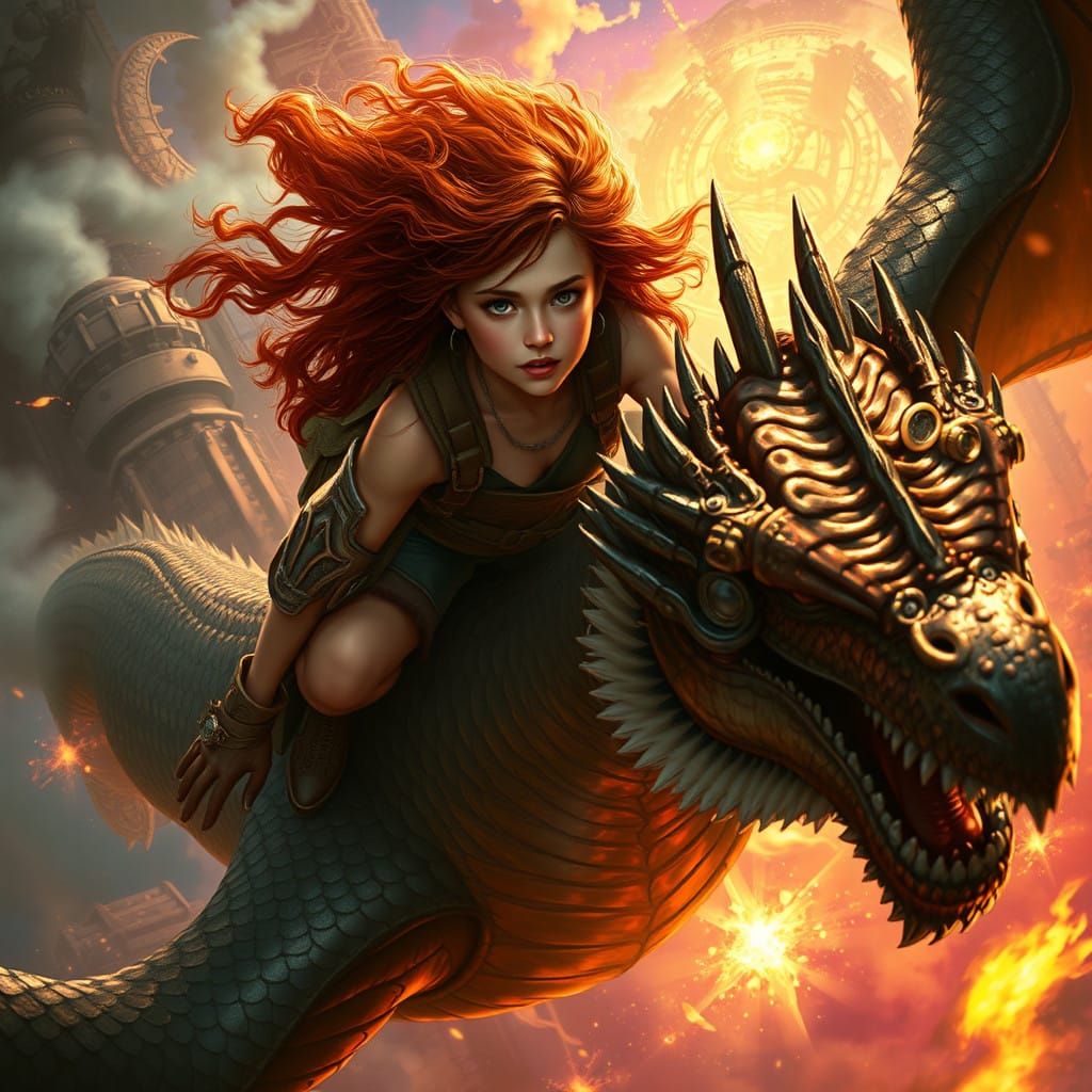 Warrior Maiden on Dragon in Steampunk Style