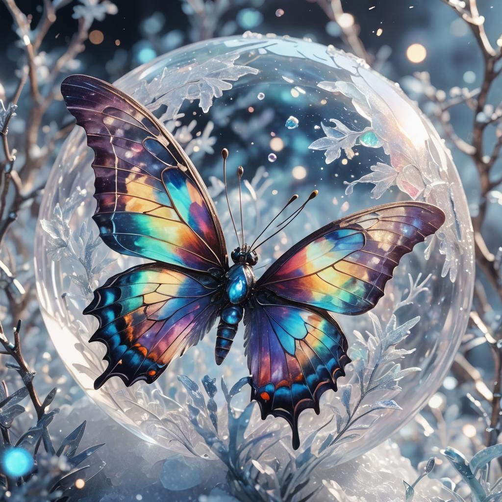 Iridescent Butterfly in Snowball: Vibrant 3D Anime Art