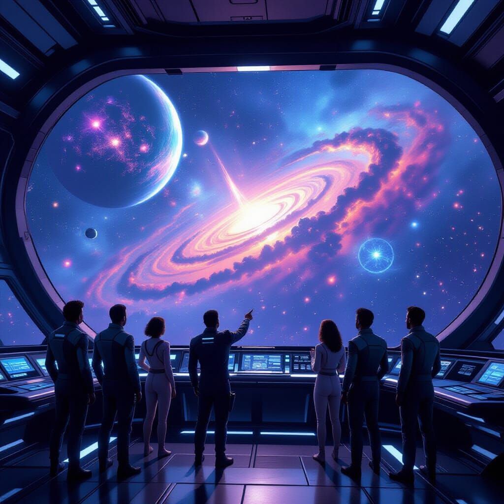 A diverse crew of explorers stands on the bridge of a sleek,...