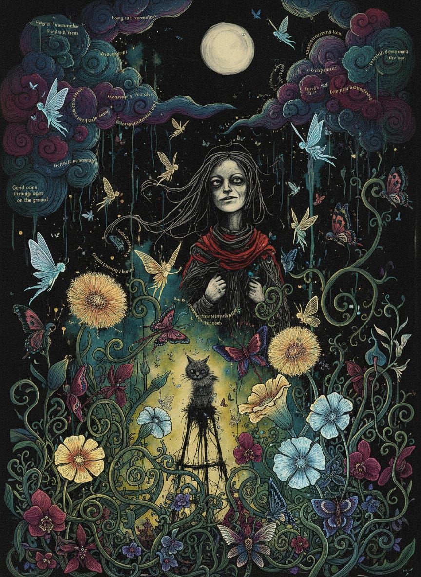 Winged Fairies in Moonlit Meadow, Abstract Art