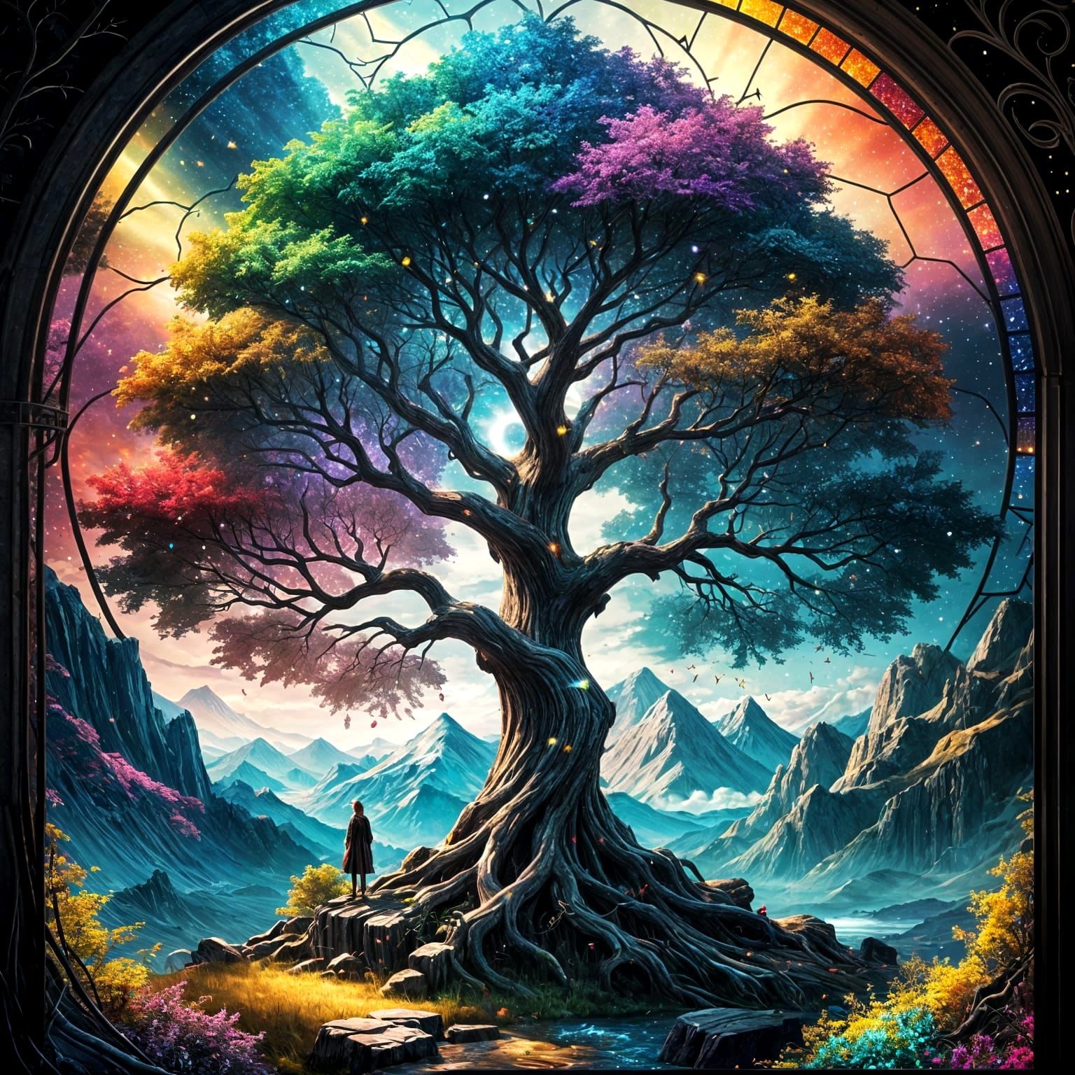 Stained Glass Tree of Magic in Rainbow Colors