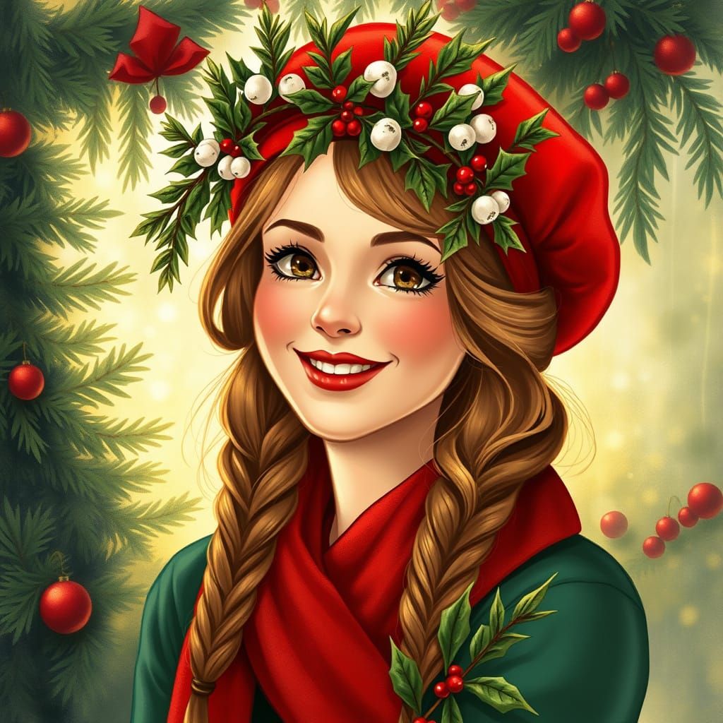 A Festive Woman in Mistletoe Hat, Radiating Holiday Cheer