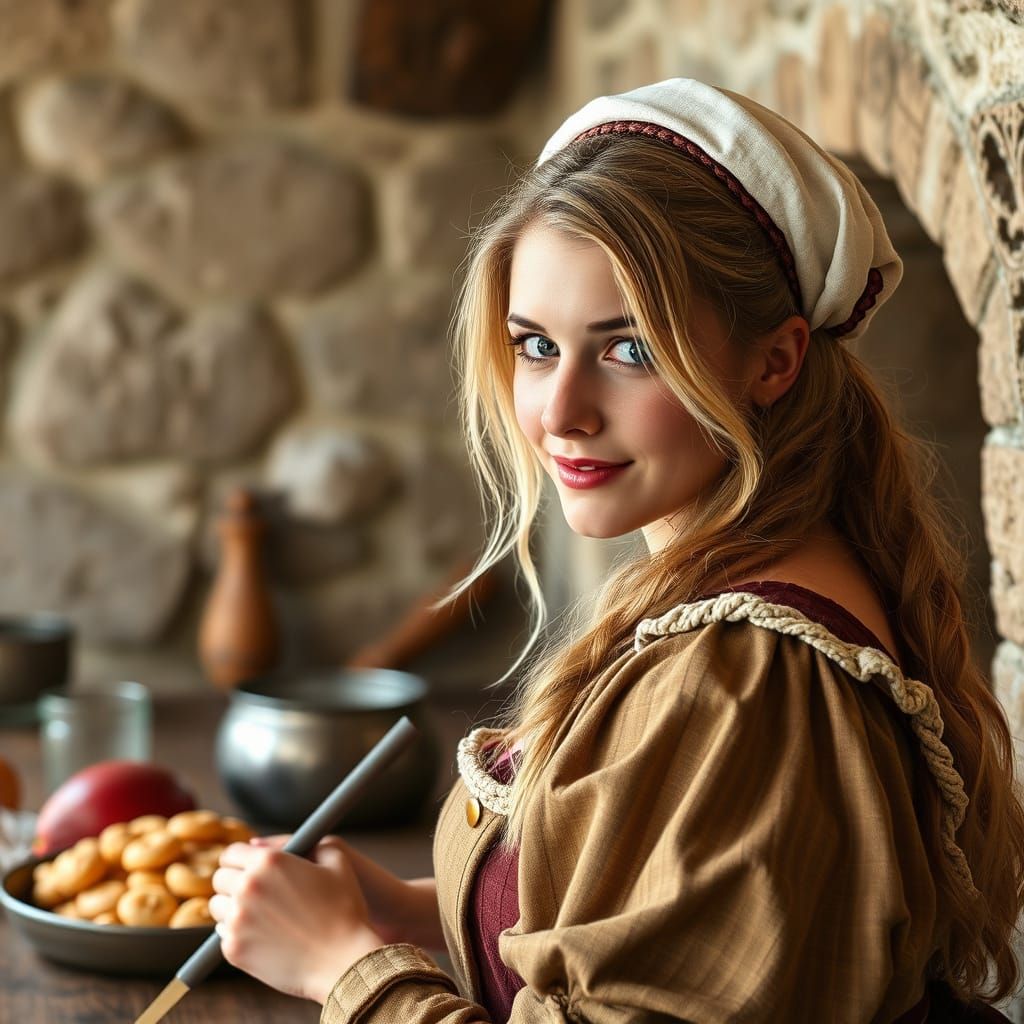 Medieval Woman Bakes in a Tavern Kitchen