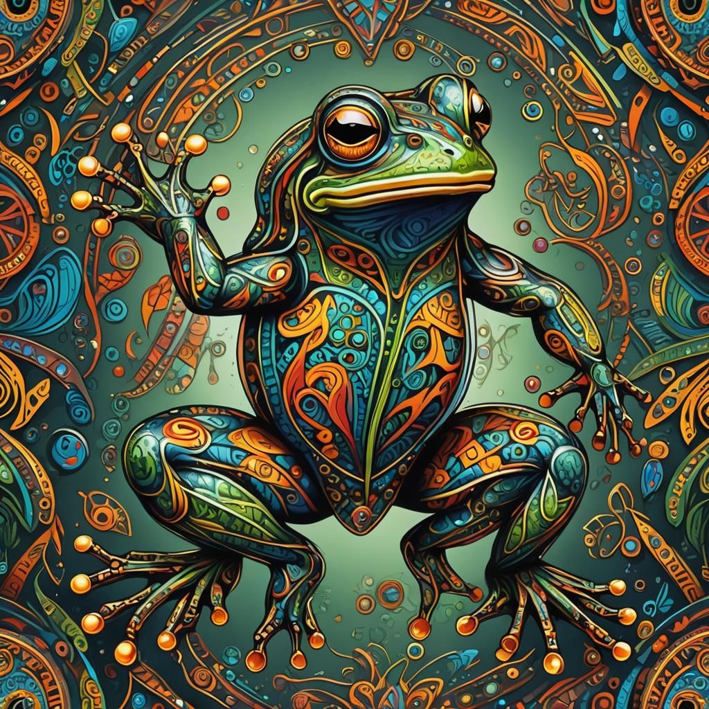 Tribal Frog with Vivid Colors and Intricate Design