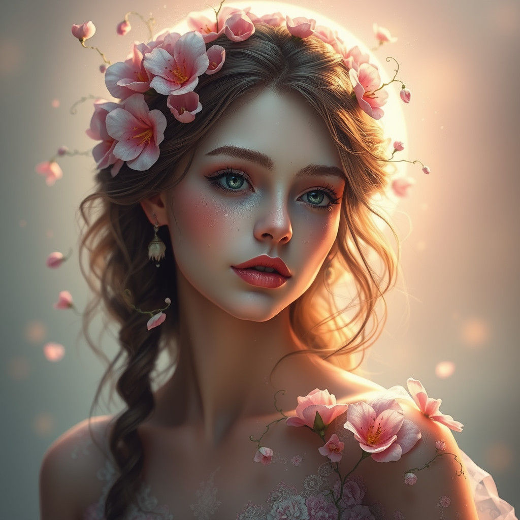 Ethereal Flower Girl Portrait in Hyperdetailed Lighting