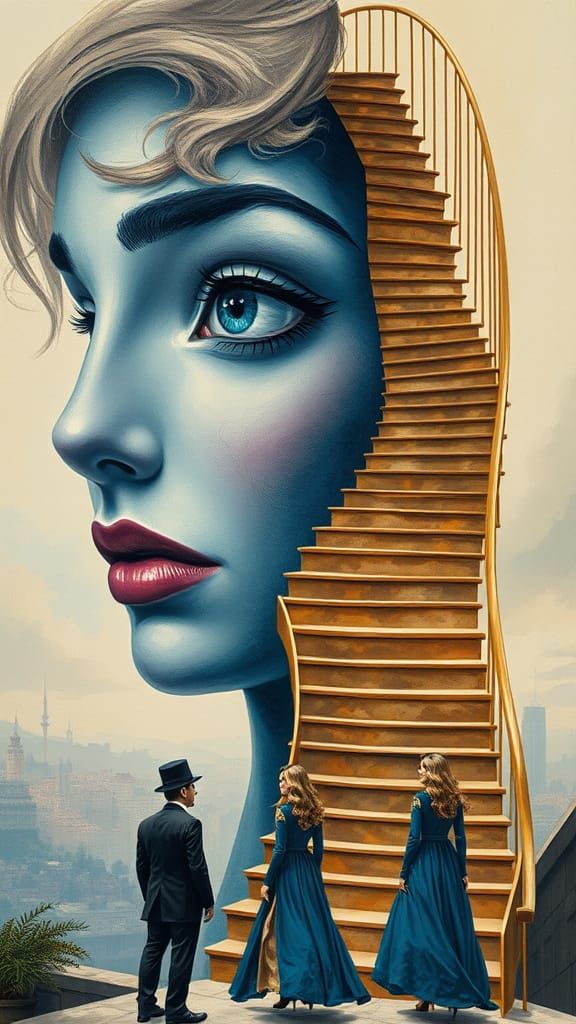 Surreal Portrait of a Woman Merging with a Grand Staircase i...