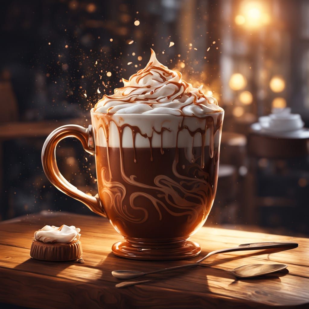 Steaming Hot Chocolate in Cozy Cafe, Digital Art