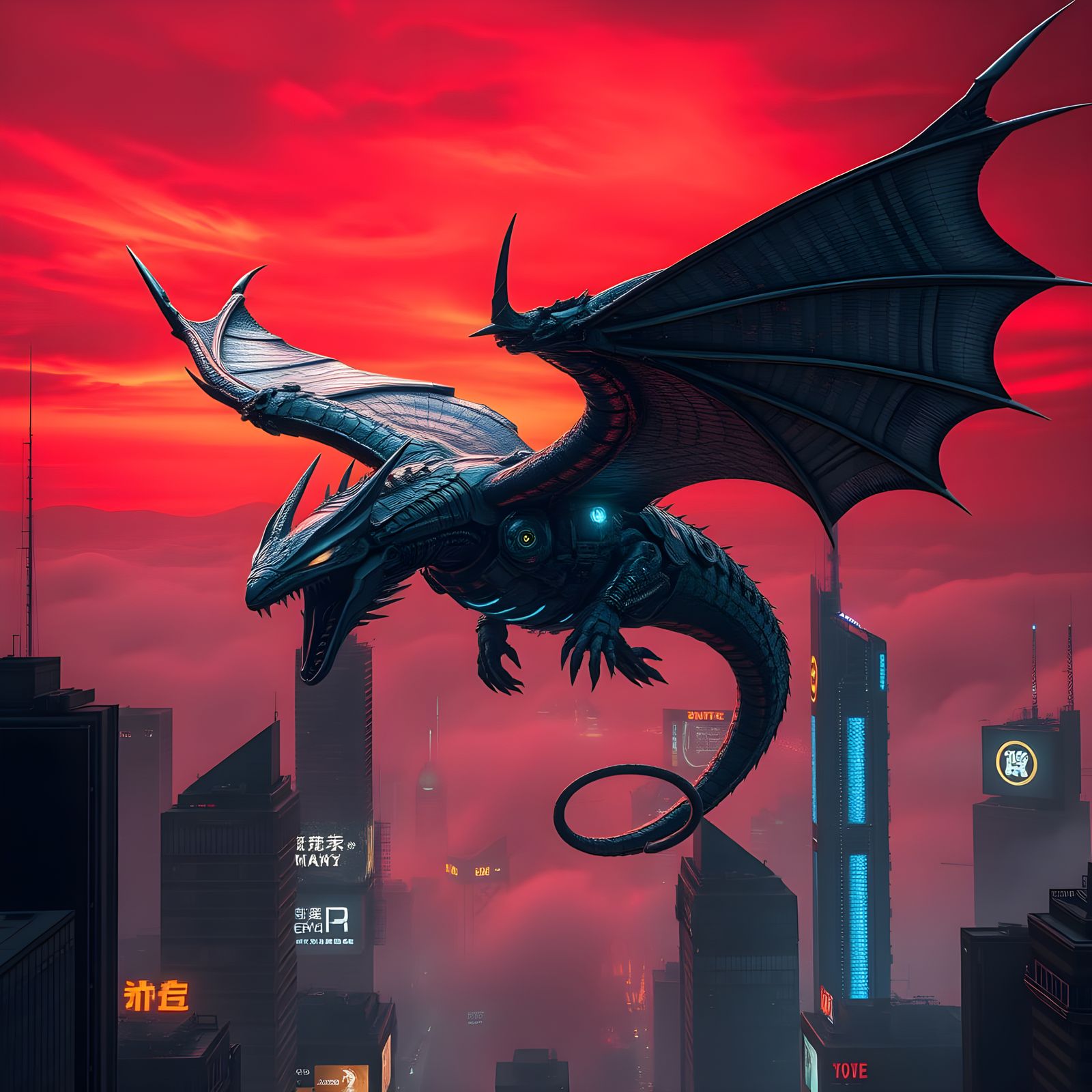 Biomechanical Dragon Soaring Over Dystopian Cityscape