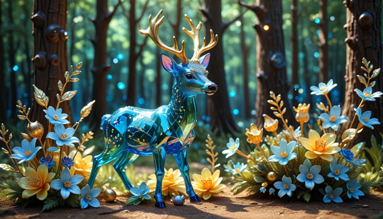 Mystical Deer and Duckling Glass Sculpture