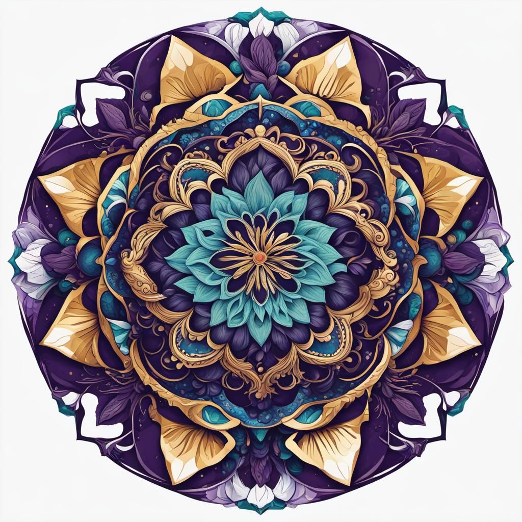 Intricate Monochromatic Mandala in Violet, Gold, Teal