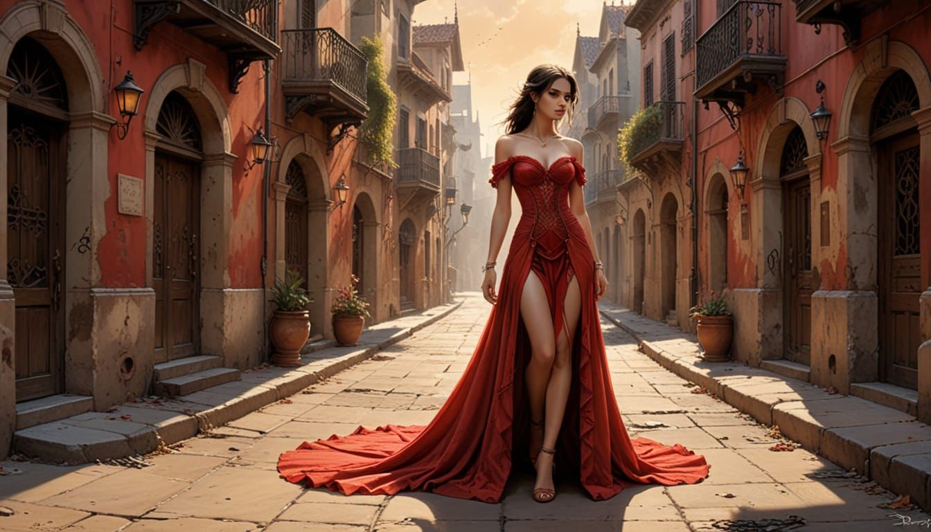 Elegant Red Dress Girl in Beige Cityscape at Dawn