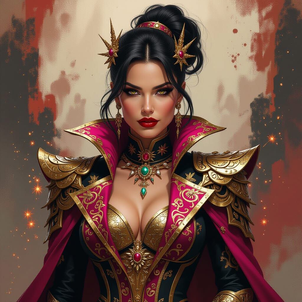 Enigmatic Supervillain in Intricate, Vibrant Outfit