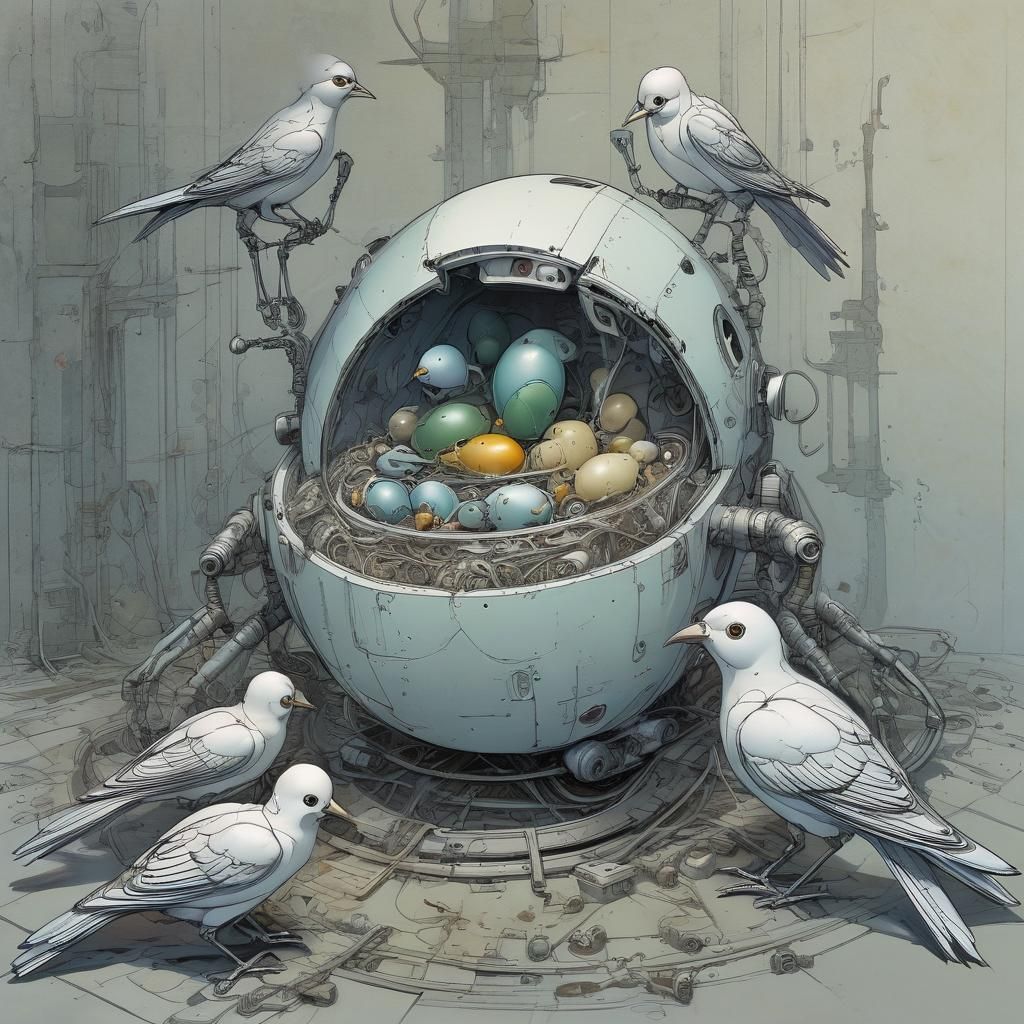 Minimalistic Robot Bird Family in Nest