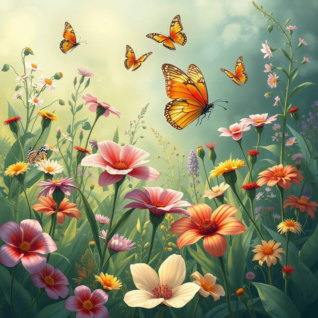 Lush Tropical Meadow with Butterflies Illustration
