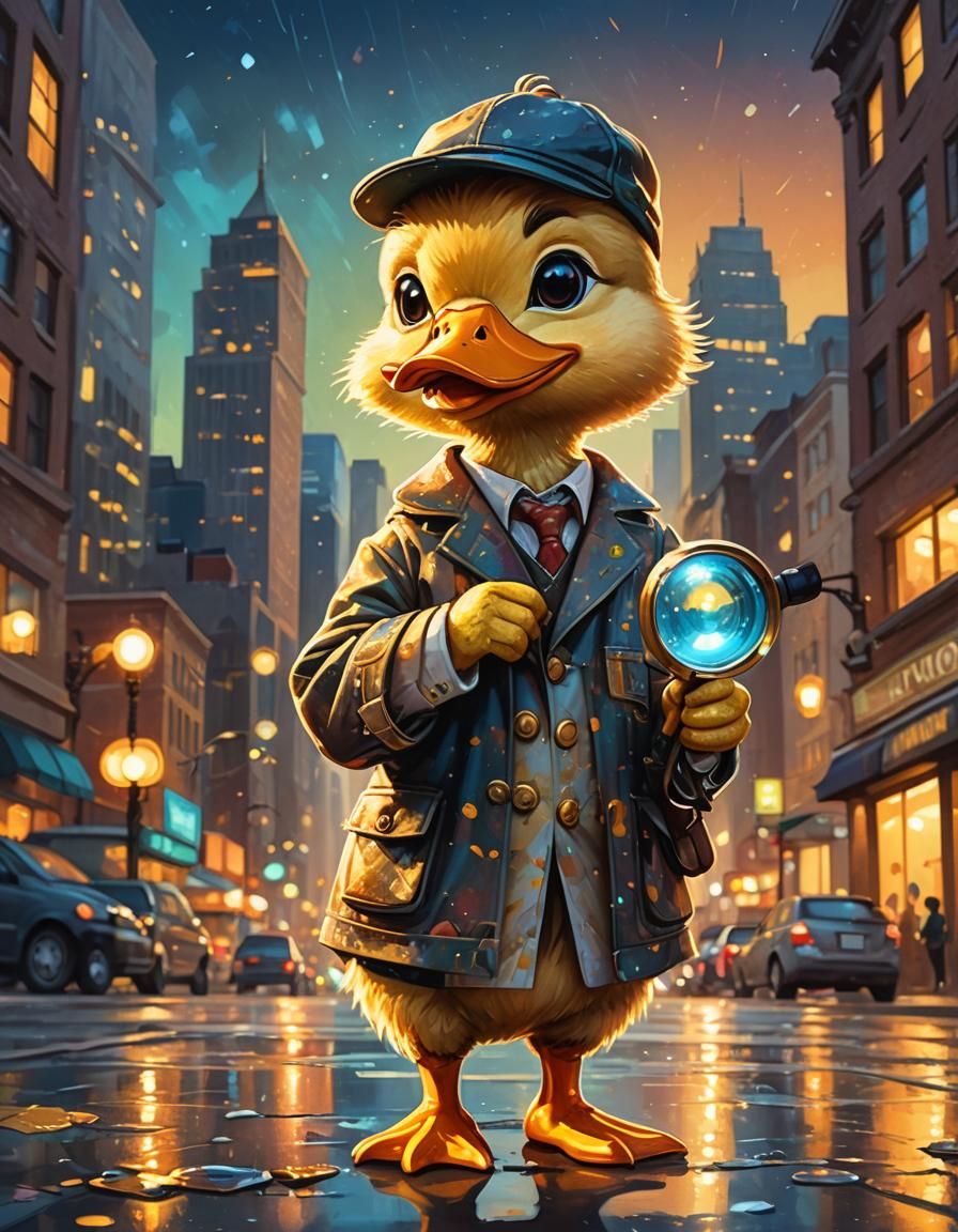Chibi Duck Detective in Cityscape Illustration