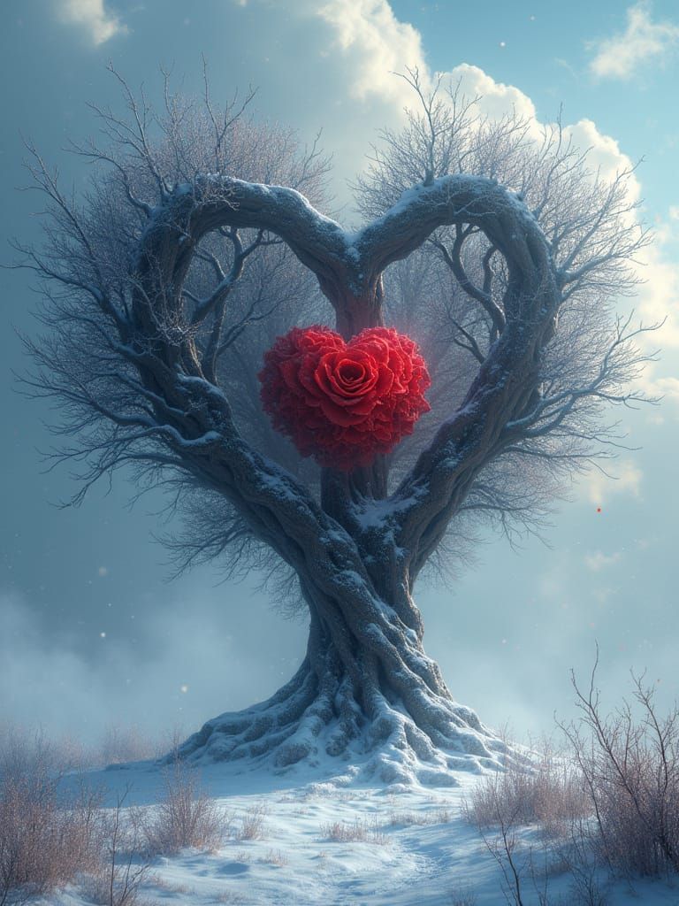 Heart-Shaped Tree in Snowy Dark Fantasy Landscape